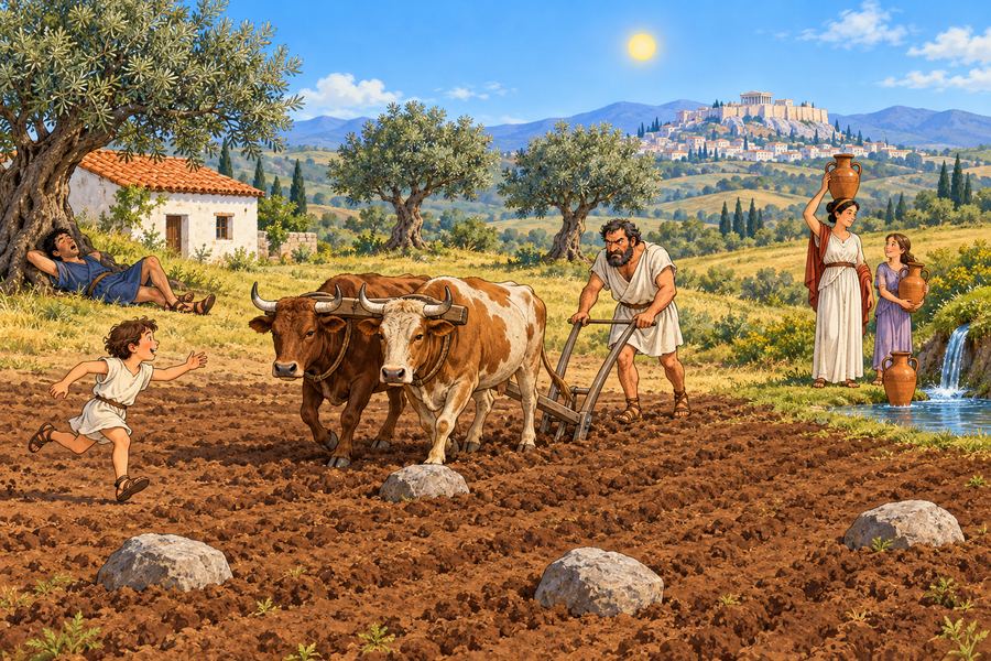 An Athenian farm: a farmer ploughing with two oxen, a slave asleep under a tree, a mother and daughter with water jars